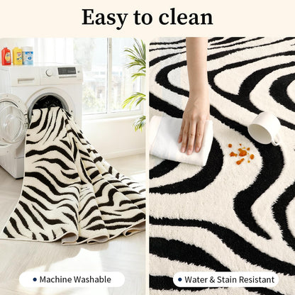 YIHOUSE 5×7 Ft Area Rugs for Living Room: Modern Washable Rug - Abstract Black and Cream White Rug for Bedroom Dining Room Office Playroom Nursery Home Decor - Nonslip Non-Shedding Striped Rugs