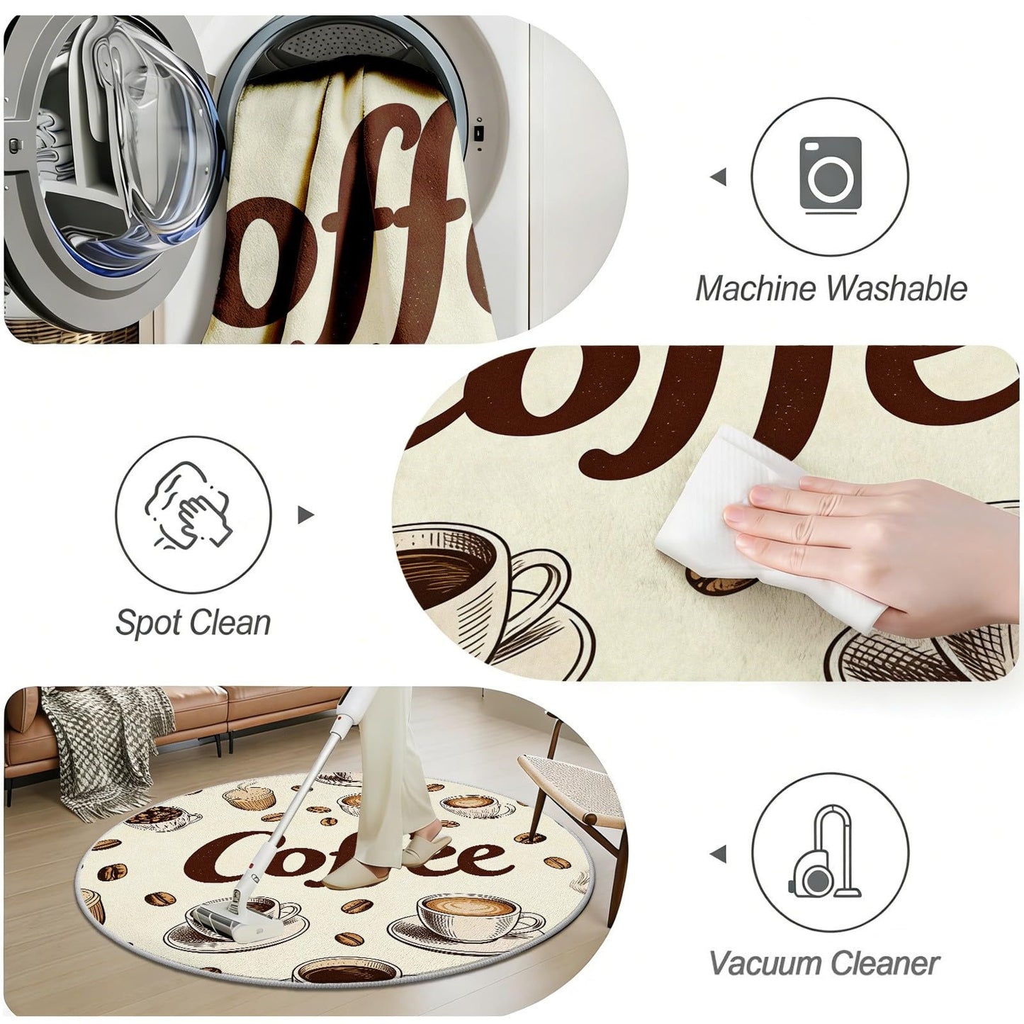 Egljss 4ft Round Rug, Coffee Bean Circle Area Rug for Living Room, Coffee Cup Round Carpet for Bedroom, Brown Farmhouse Circle Washable Rugs for Dining Table, Rugs Non Slip Kitchen
