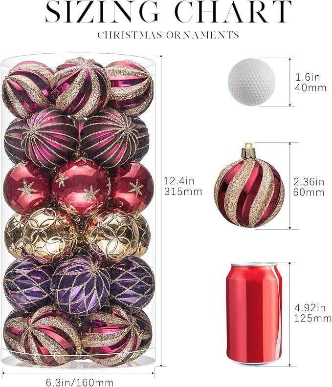 JORNOY Christmas Balls Ornaments, 30ct Shatterproof Xmas Tree Decorations, Hanging Bulbs Baubles Set with String for Holiday Home Party Decor, 2.36 inch/60mm, Jewel Tone