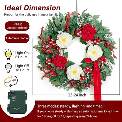 Prelit Christmas Wreaths for Front Door 24 Inch Holiday Wreath with Red Roses, White Peonies, Red Berries, Greenery & Velvet Bow Christmas Door Wreath Indoor Outdoor