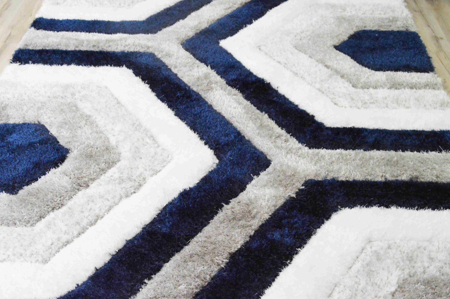 Modern Fluffy Plush Shag Shaggy Rug Hand Carved Thick Soft Geometric Abstract Carpet Vibrant Colors for Living Room Bedroom Office Design 6485 (Navy, 5'2"x7'5")