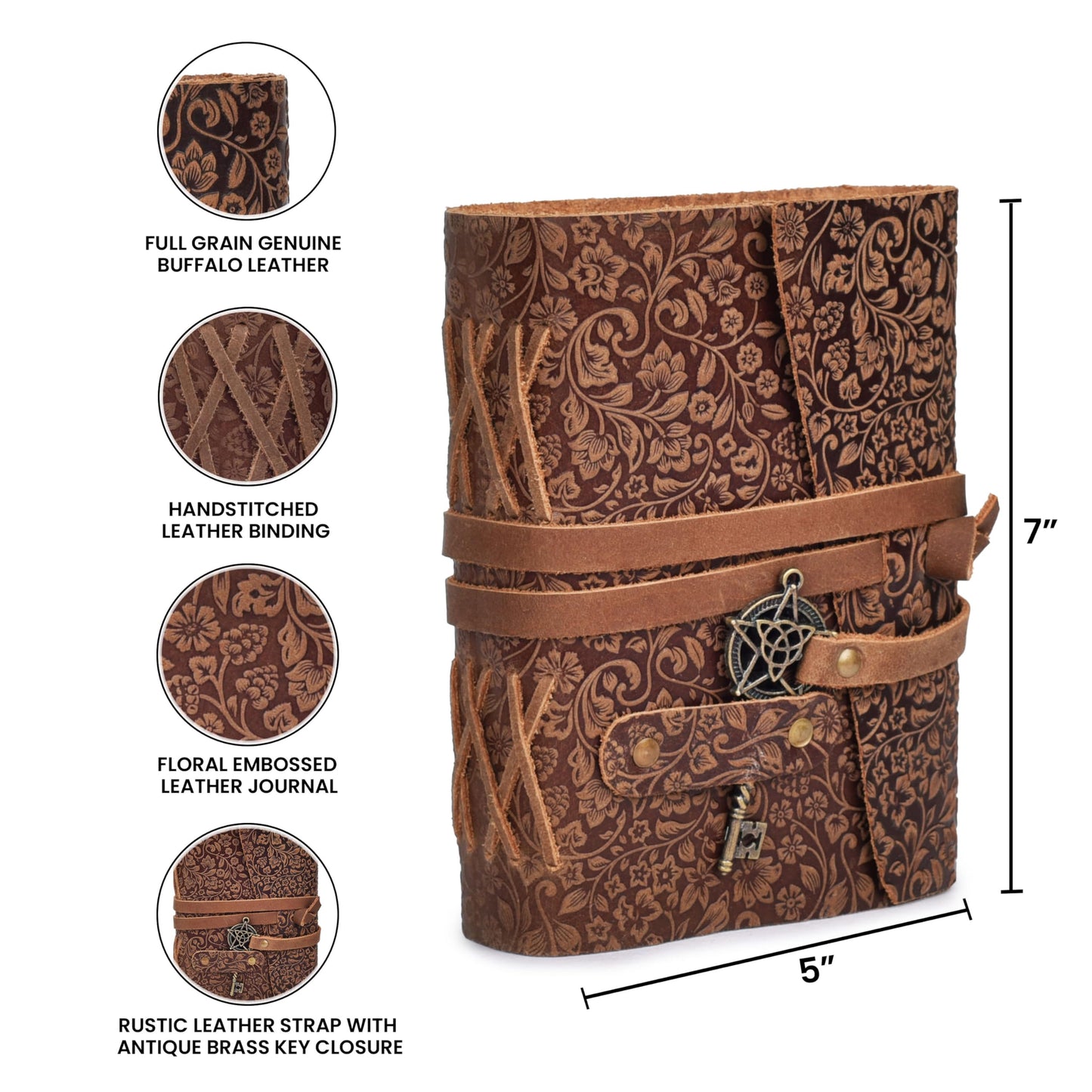 LEATHER VILLAGE Handmade Leather Bound Floral Embossed Journal for Women | 260 Pages Blank of Vintage Paper Writing, Sketchbook, Notebook - Rustic Brown - 7X5 Inches