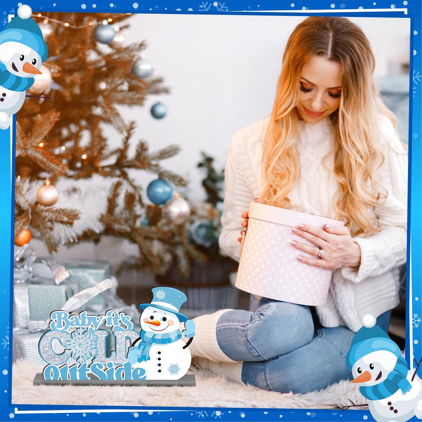 Wonderjune 6 Pcs Winter Wooden Table Decor Snowflake Snowman Wooden Centerpieces Wonderland Decor for Winter It's Snow Theme Xmas Birthday Baby is Cold Outside Party Supplies(Blue)