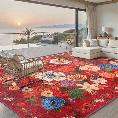 Babovid Area Rugs 10x14 for Living Room, Non Slip Machine Washable Floral Rugs, Low Pile Lightweight Large Rug for Bedroom, Dining Room, Home Office, Red Garden