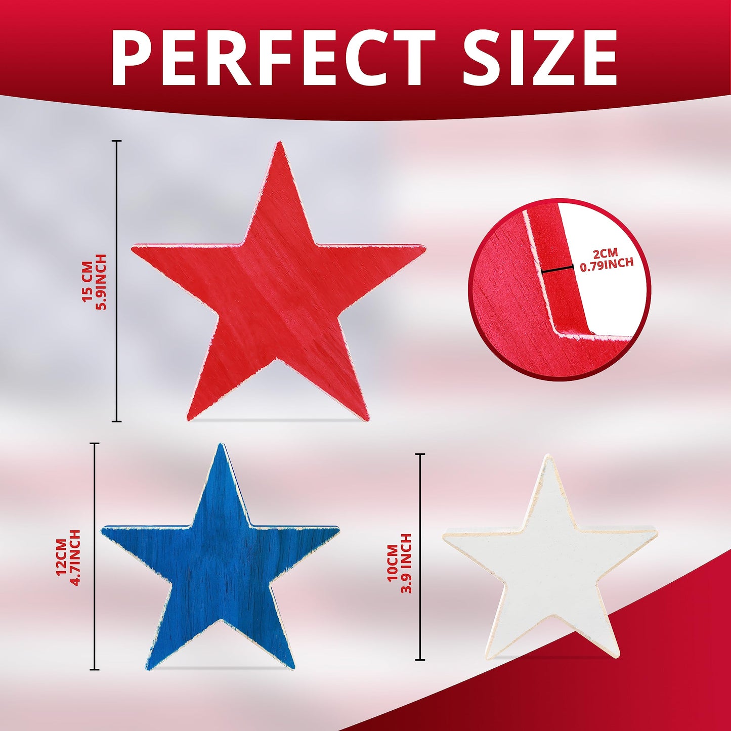 HH Family 4th of July Décor Handmade Rustic Patriotic Wood Stars - Set of 3, Red, White & Blue, Double-Sided Table Signs for Independence Day Decorations (Star1)