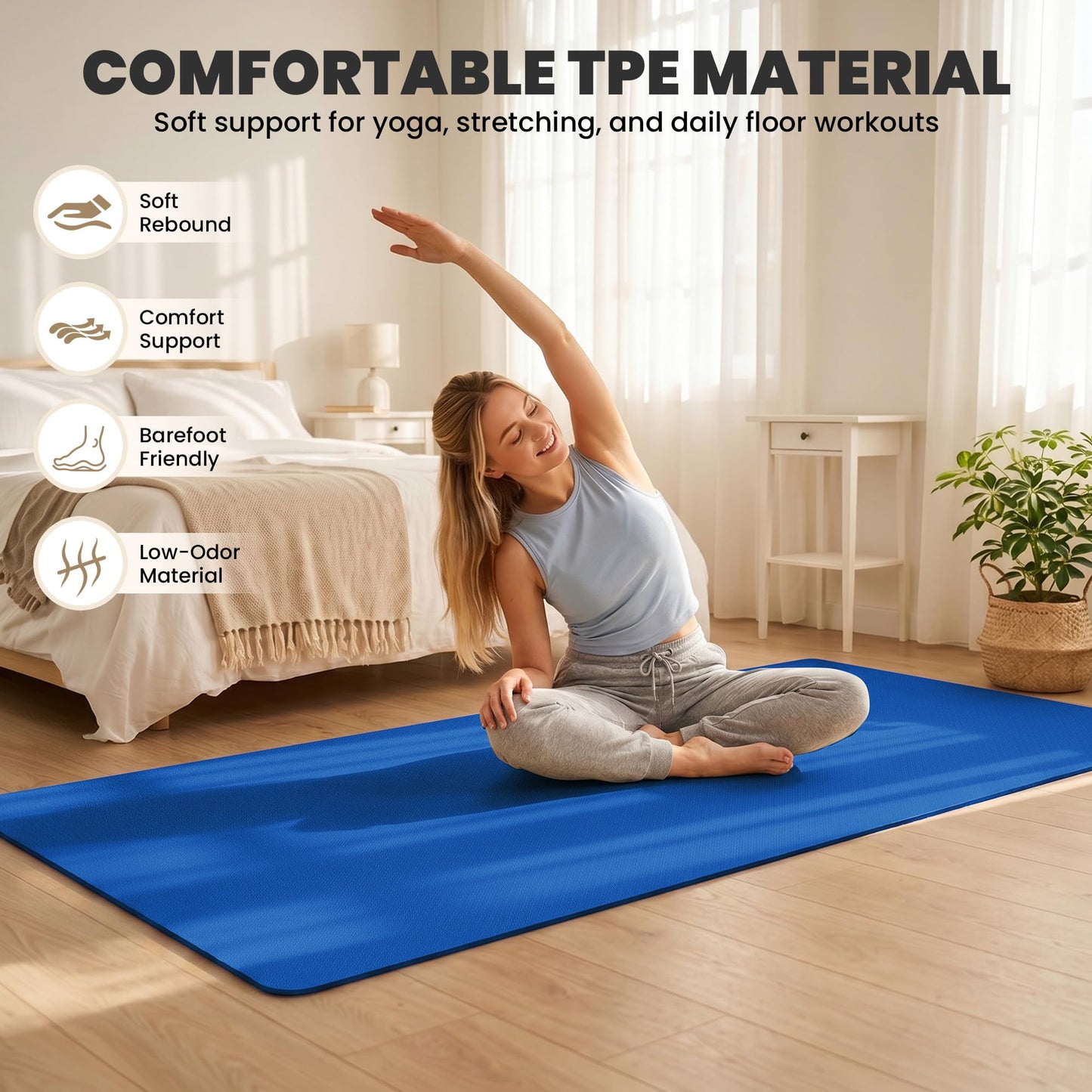 Flexlift Large Yoga Mat Non-Slip, Ultra Durable, Wide Workout Mat, Wide Exercise Mats for Home Workouts, Yoga, Pilates, Stretching (Barefoot Exercise) - Blue