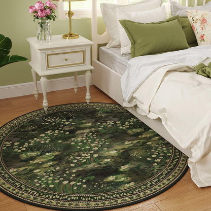 Rugcomf Circle Rug Impressionist-Style Vintage Round Rug 4ft Non Slip Low Pile Small Circular Rug for Bedroom Bathroom Entryway Kids Room Office College Dorm, Green
