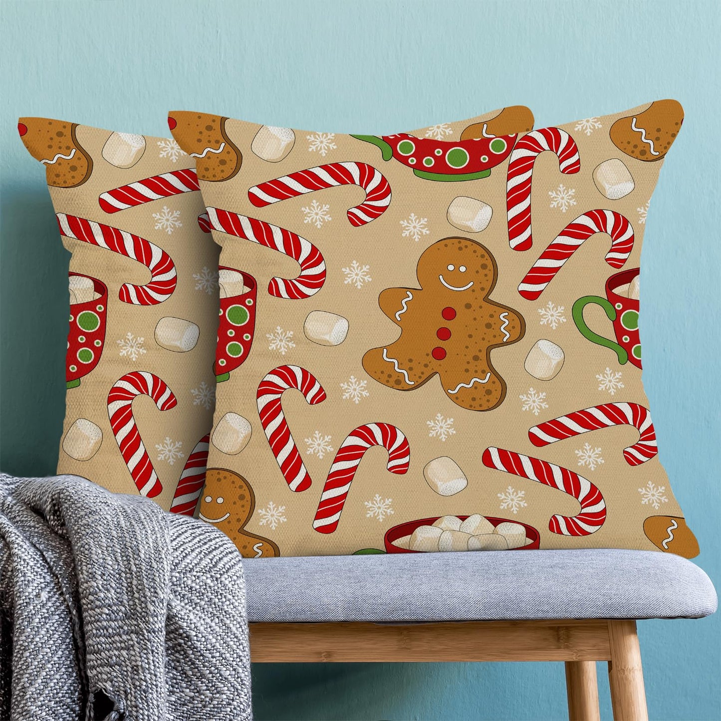 AEIOAE Christmas Pillow Covers 18x18 Inch Set of 2 Gingerbread Man Candy Cane Throw Pillowscase,Snowflake Xmas Holiday Outdoor Decorative Farmhouse Winter Decor Cushion Covers for Home Sofa Bed