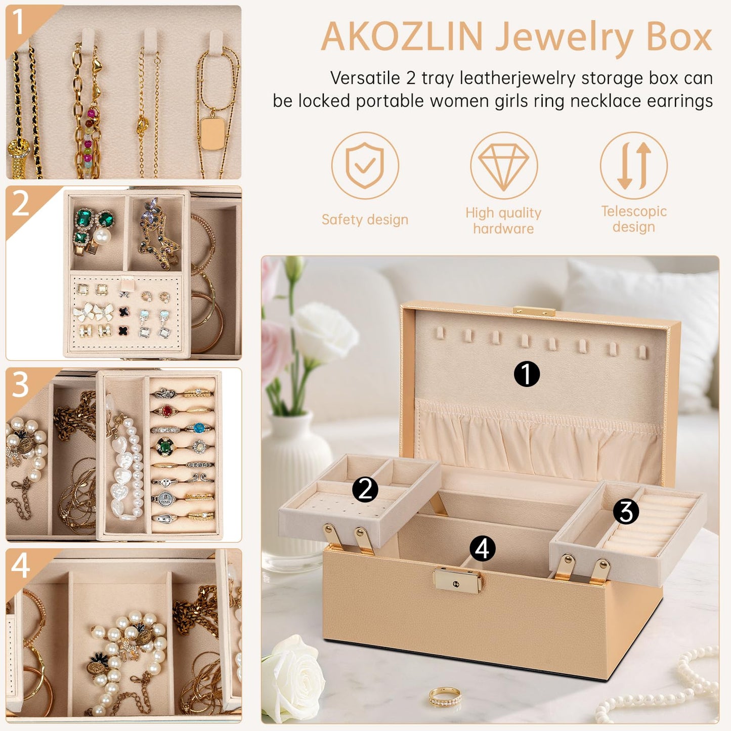 AKOZLIN Travel Jewelry Box Organizer Functional 2-trays Leather Jewelry Storage Case with Lockable Portable for Women Girls Ring Necklace Earring Bracelet Champagne