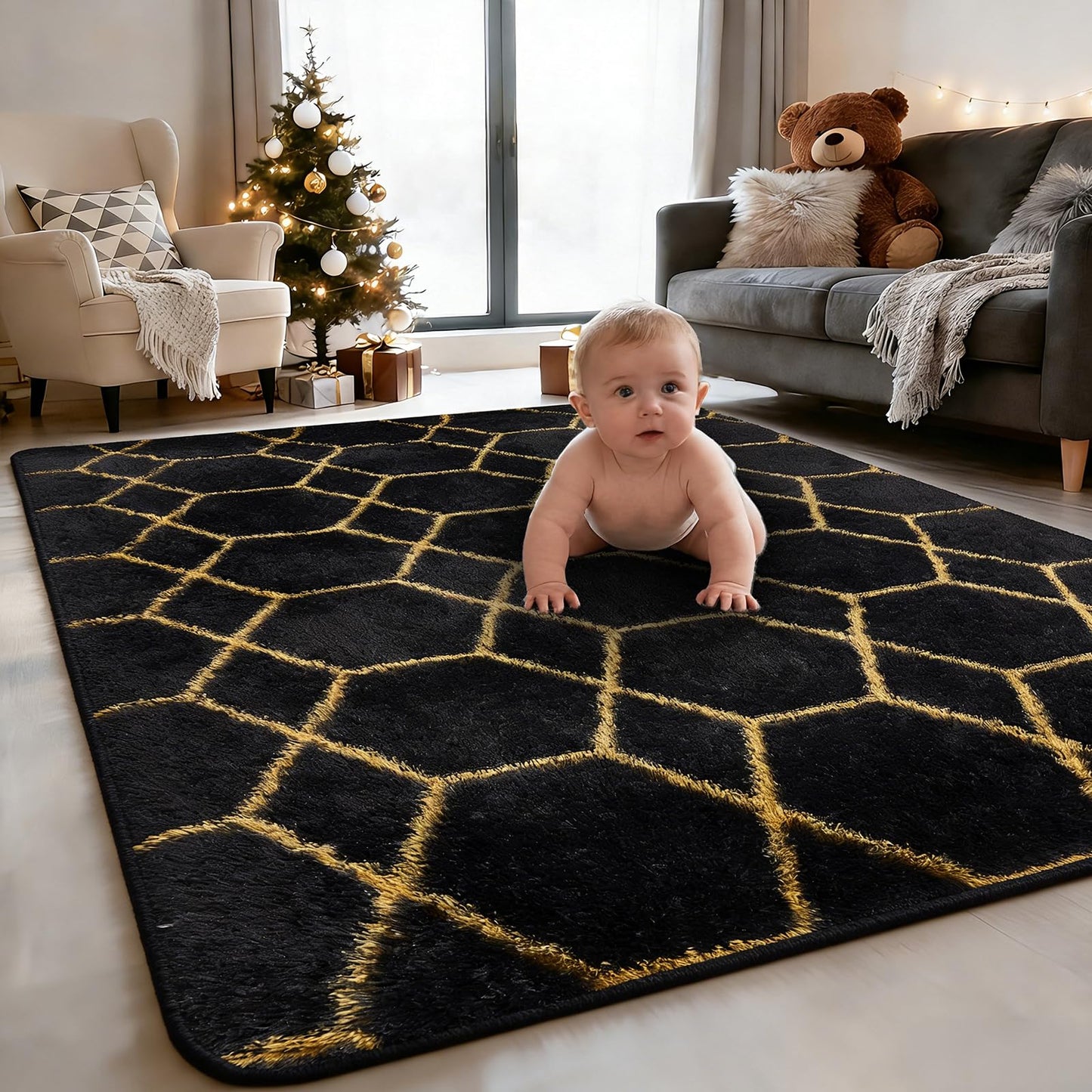 5x7 FT Soft Rug for Living Room, Geometric Shag Soft Area Rug, Classic Rug Anti-Skid High Pile Fluffy Carpet for Kids Room Nursery, Dorm Home Decor