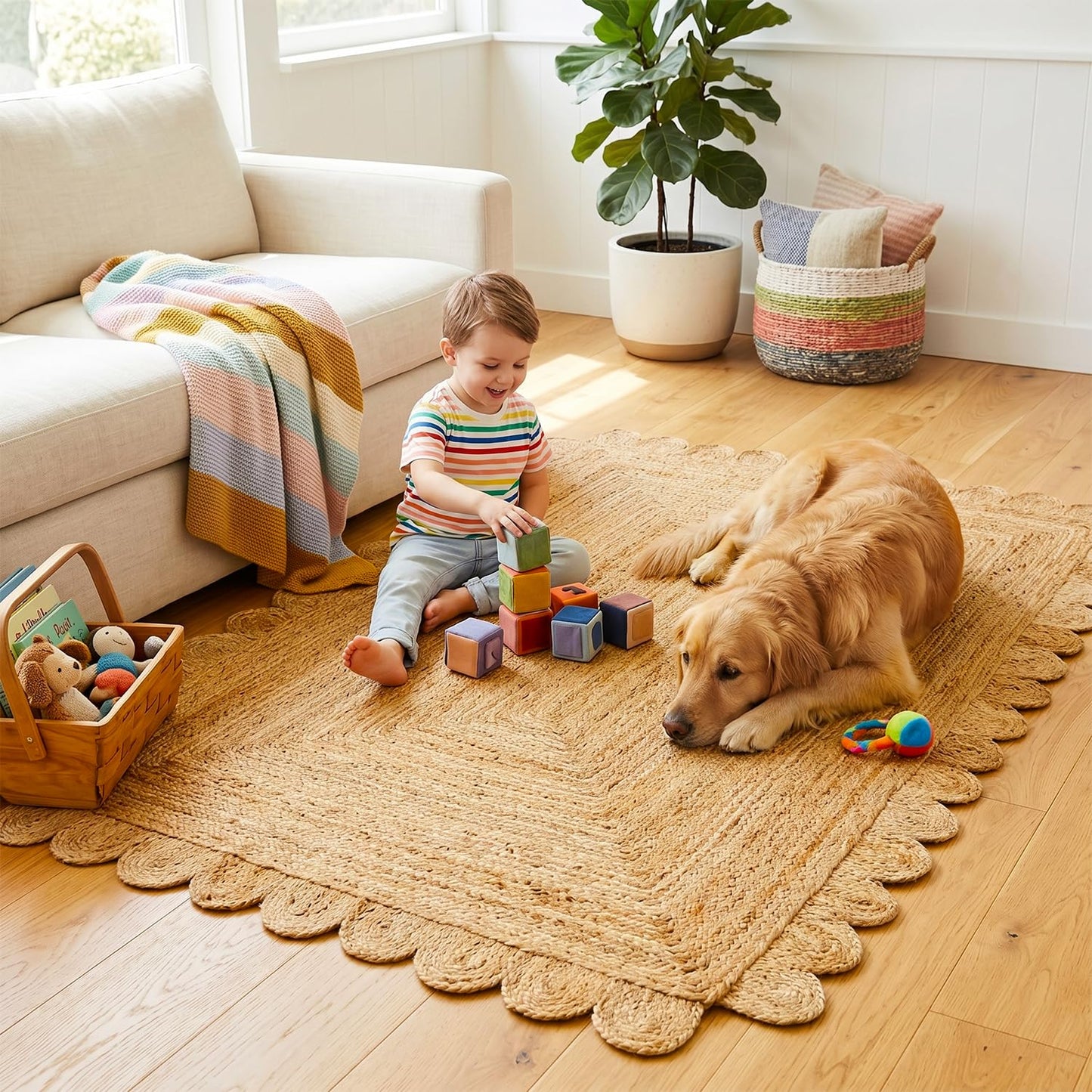 GRUHUM Scalloped Jute Area Rug 4'x6' ft Natural Fiber Rectangular Handwoven Boho Reversible Farmhouse Soft Braided Rustic Vintage Rug Indoor Ecofriendly Livingroom Bedroom Kitchen Hallways Enterways