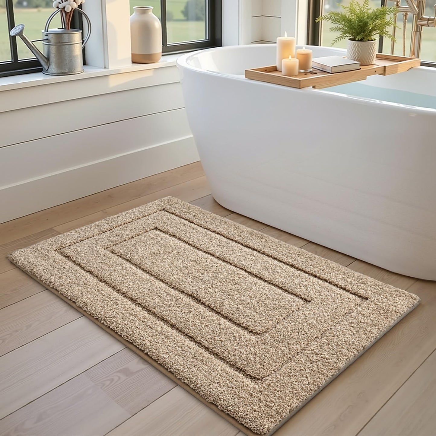 DEXI Bathroom Rug 32x20, Non Slip Washable Bath Mat for Shower Floor, Absorbent Soft Bathmat with Rubber Backing, Quick Dry Microfiber Carpet, Beige