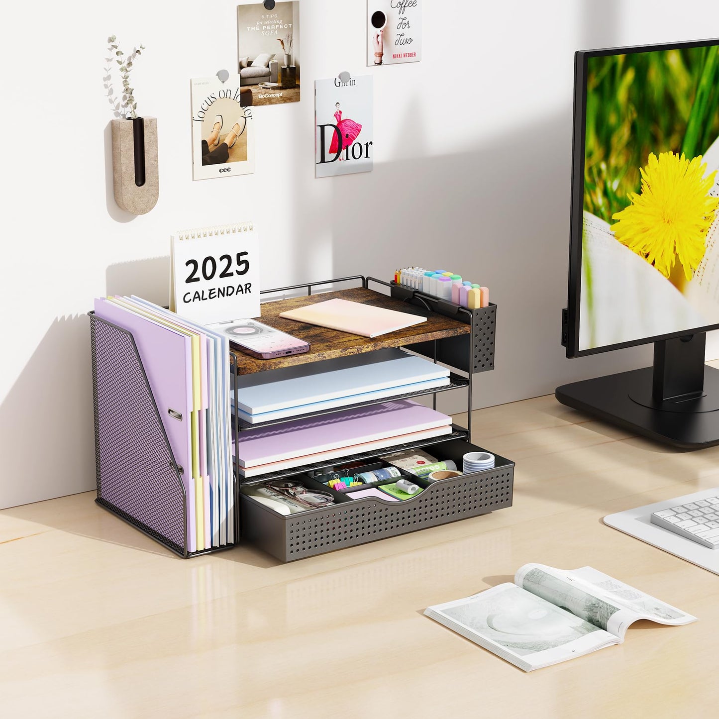 gianotter Wood Desk Organizers and Accessories with File Holder, 4-Tier Desk Accessories & Workspace Organizers with Drawer and Pen Holder, Desk Reference Organizer (Wood)