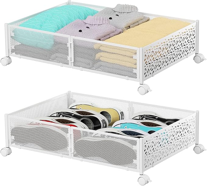 Under Bed Storage, Under the Bed Storage Containers with Wheels, Under Bed Shoe Storage Organizer Drawer, Tool-free Assembly Metal Underbed Storage for Bedroom Clothes Shoes Blankets-2 Pack White