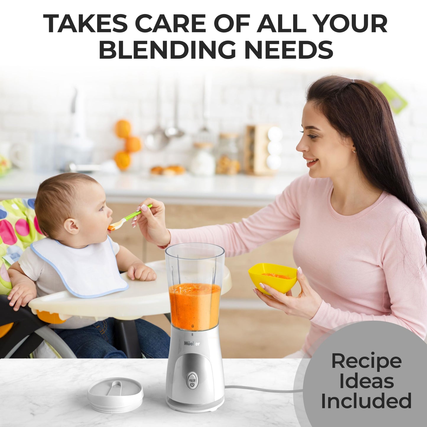 Mueller Smoothie Blender for Smoothies - Personal Blender for Shakes, Frozen Drinks, Baby Food & More, 15oz Travel Cup and Lid, Durable Stainless Steel Blades for Powerful Blending Performance, Black