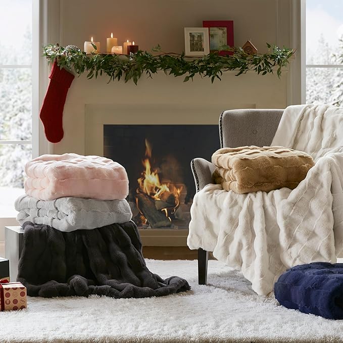 Madison Park Luxuriously Cozy Soft Long Faux Fur Basketweave Blanket, Reversible Soft & Snuggly Velvet Throw, Lightweight, Breathable, All Season, Trendy Room Décor, 50x60, Navy