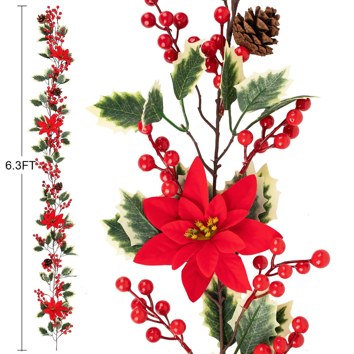 Mocoosy 6.3FT Red Berry Garland with Poinsettia, Artificial Christmas Holly Berry Vine, Winter Berry Christmas Decorations Indoor Outdoor Mantle Fireplace Window Door Hanging Holiday Xmas Home Decor