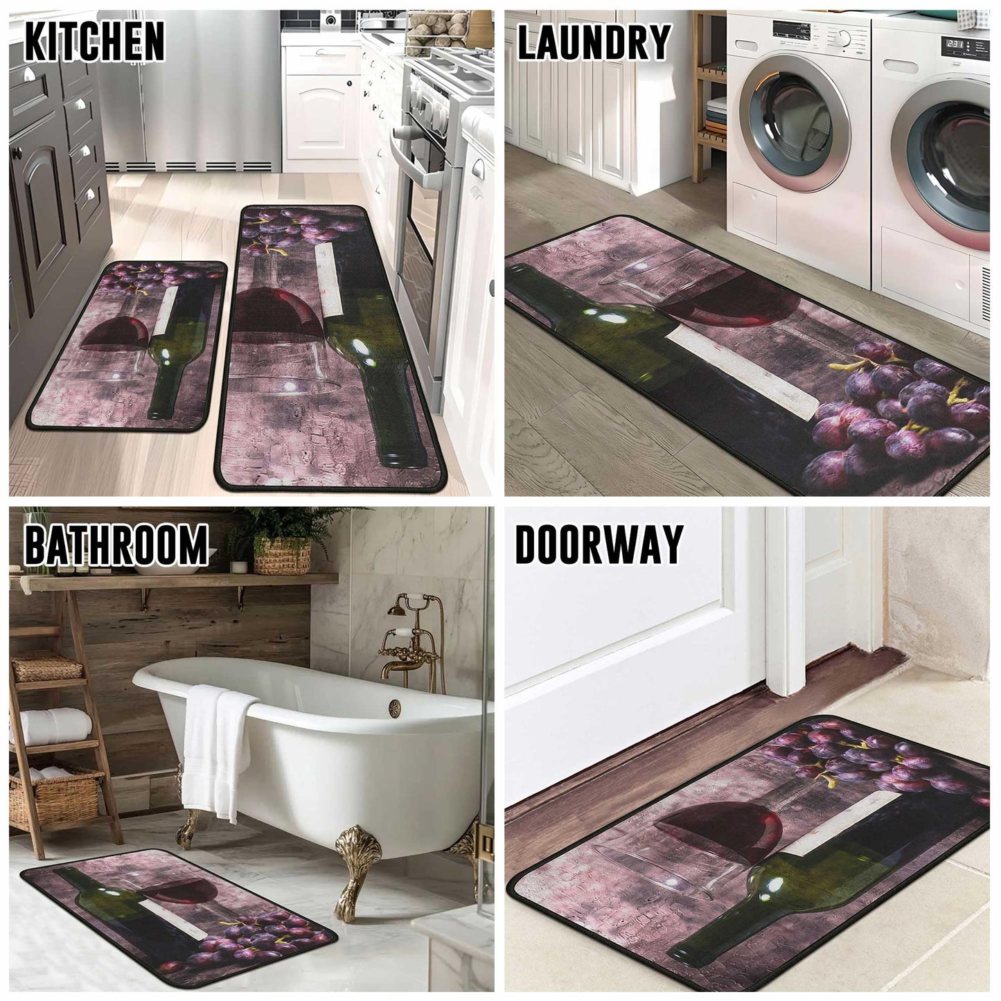 Yovirinto Wine Kitchen Rugs and Mats Sets of 2, Non Skid Washable Absorbent Microfiber Farmhouse Kitchen Mat for Runner Hallway Doormat Bathroom 17"x 47"+17"x 30"
