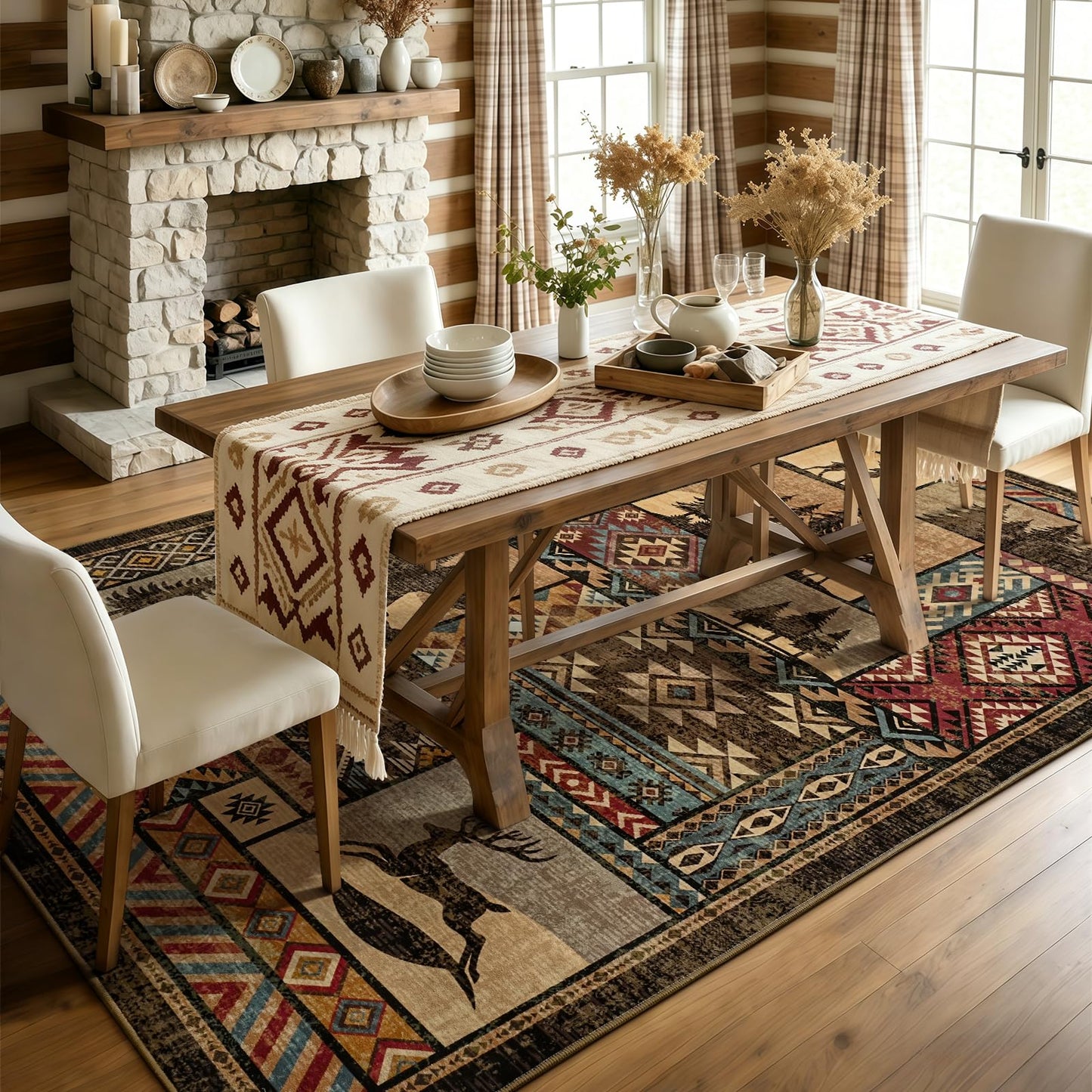 HOMORE Rustic Cabin Living Room Rugs 5x7, Washable Southwestern Area Rug Geometric Carpet with Bear Print, Western Rug for Bedroom Dining Room,Brown