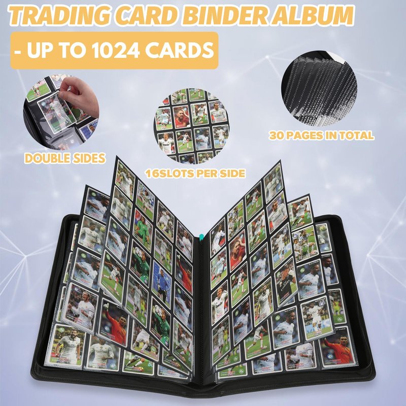 16 Pocket Ringless Side Loading Trading Card Binder, 1024 Cards PU Fixed Page Zipper Card Album for TCG Sports Game Cards, Not Fit Top Loaders(Lake Blue)