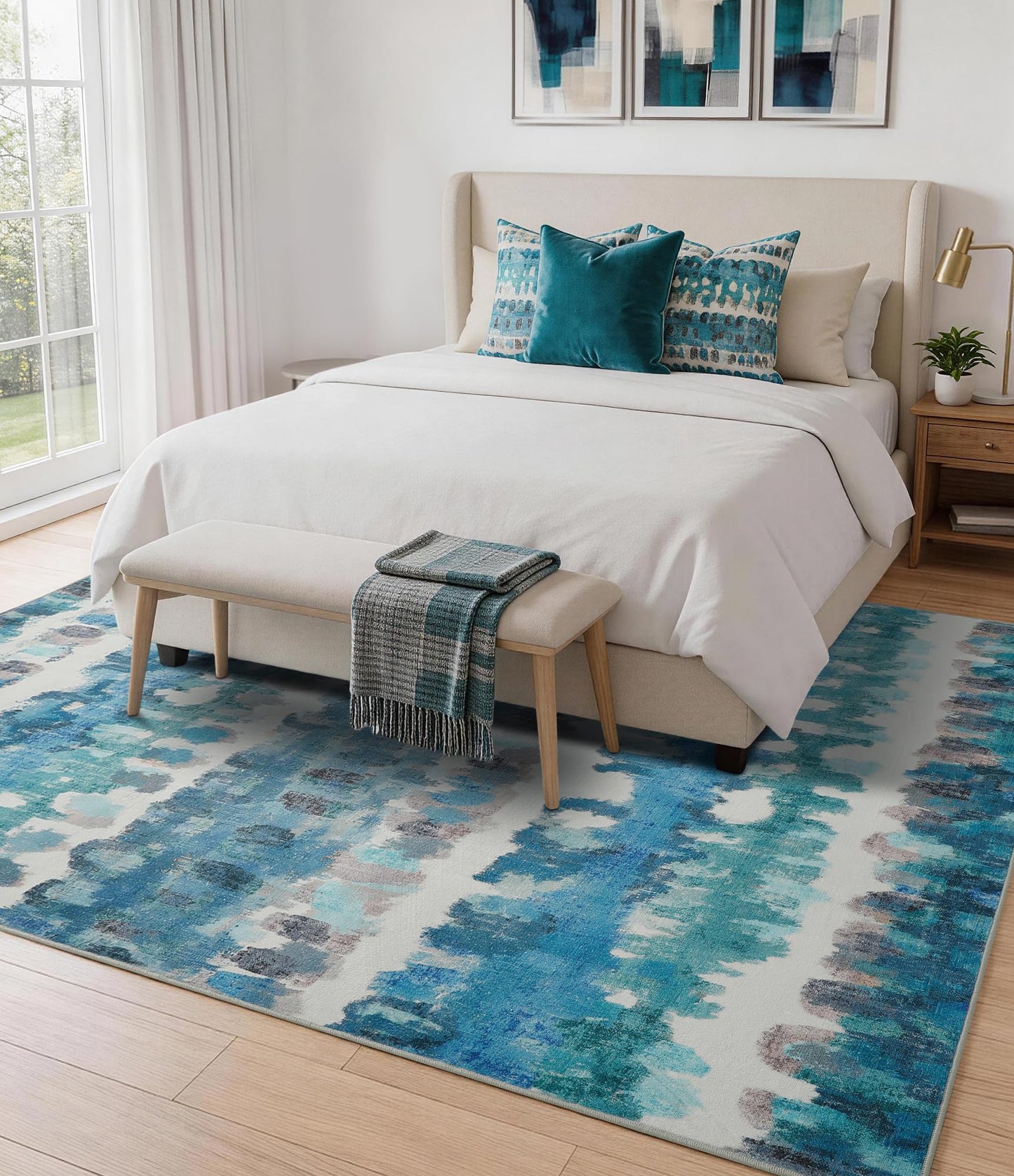 YIHOUSE Abstract Area Rug 5x7, Washable Blue Rugs for Living Room, Non-Slip Backing, Low-Pile Soft Modern Rug for Bedroom, Dining Room, Office, Nursery