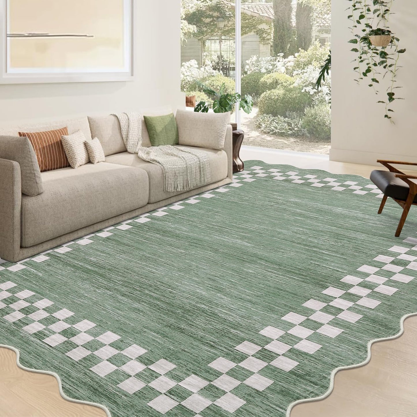 GarveeHome Washable Rug 5x7 for Living Room Large Bedroom Scalloped Rug Non Slip Stain Resistant Modern Border Throw Carpet Soft Boho Rug for Dining Room Nursery Home Office, Green