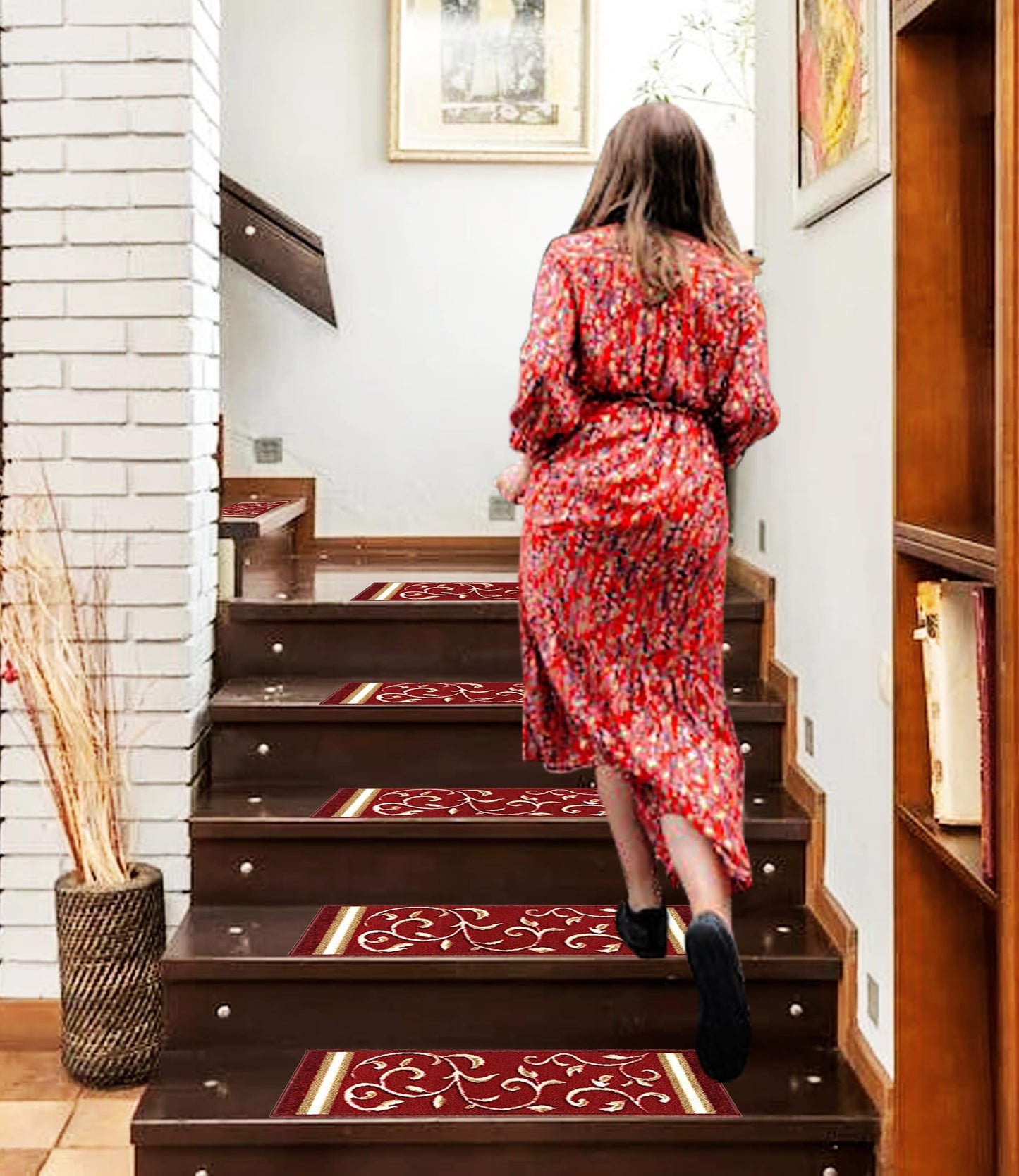 Gloria Stair Treads Carpet Non-Slip Stair Runners for Wooden Steps Non Slip Rubber Back Stair Rugs Stairway Carpet Set of 7 Red Floral (8.5” x 26”)