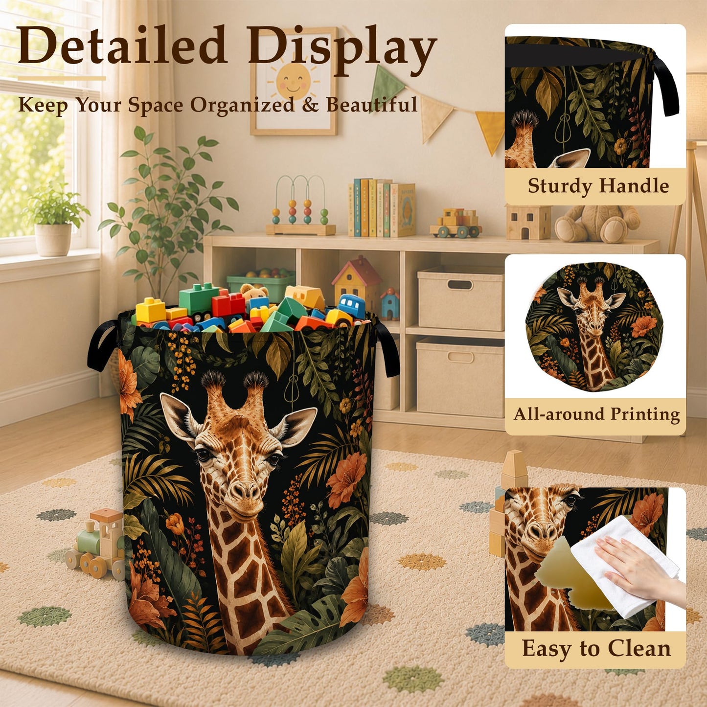 Safari Giraffe Floral Laundry Basket with Handles, Foldable Tall Oxford Clothes Hamper, Lightweight Water-Resistant Storage Bin for Bedroom Bathroom College Dorm, 16 x 20.8 Inch