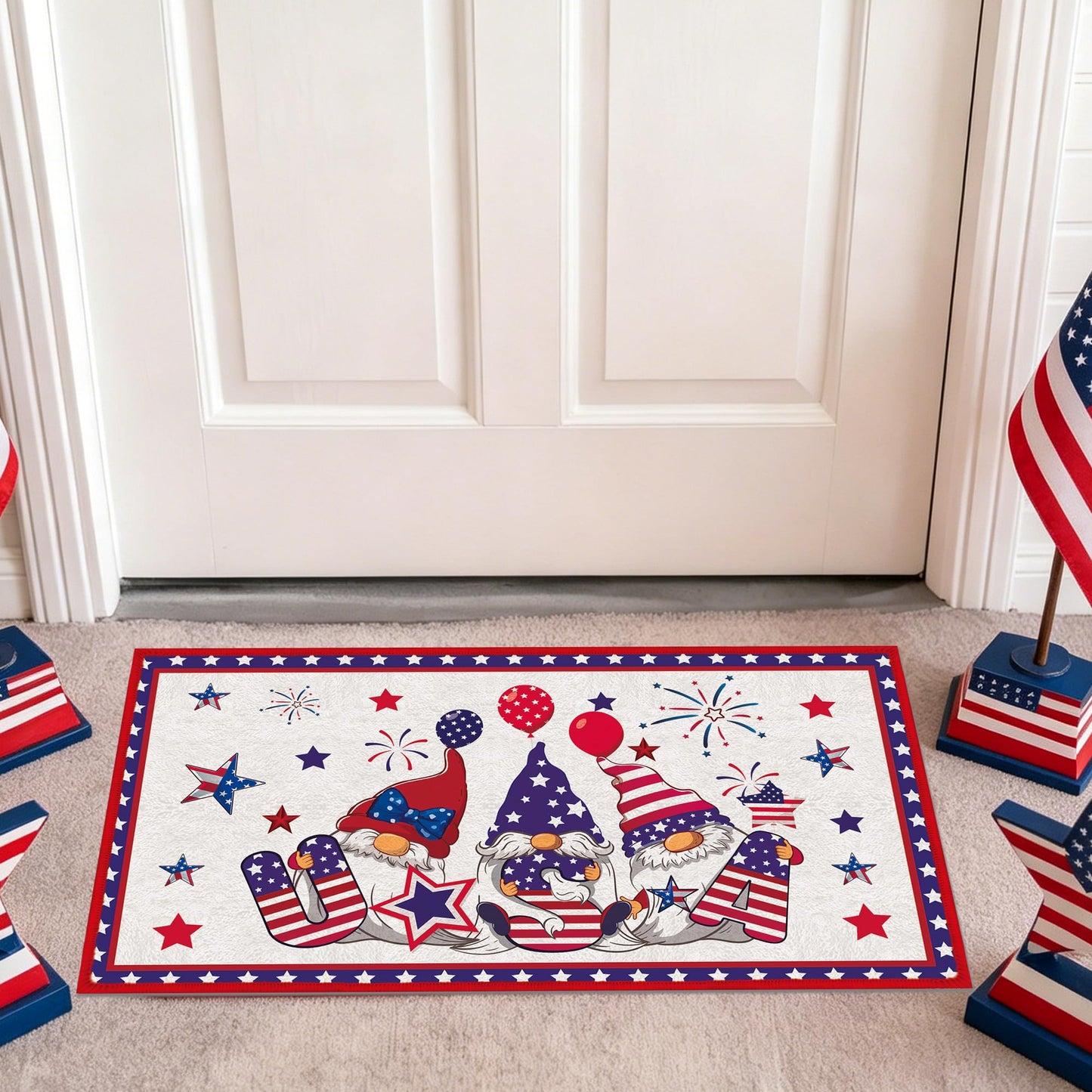 4th of July Kitchen Rugs Set, 3 Pcs Patriotic Gnome Runner Rug and Floor Mat, Americana Truck Decor for Kitchen Entryway, Red White Blue