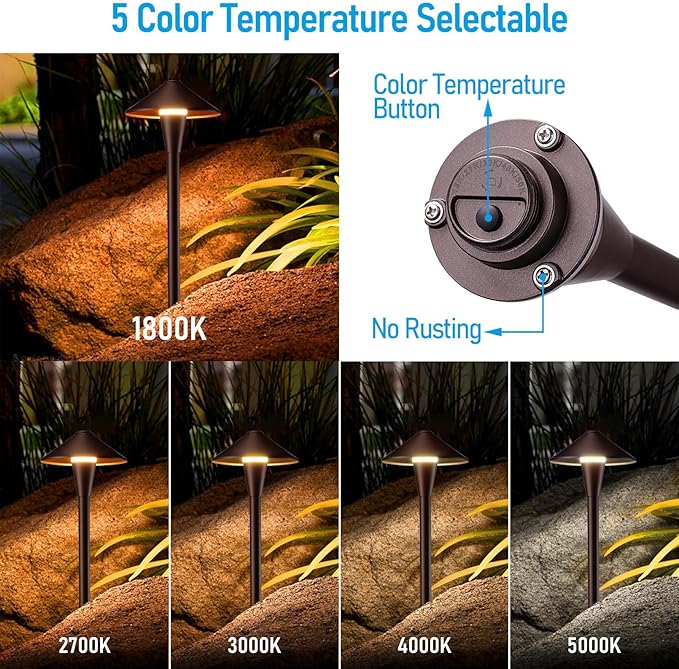 LEONLITE Update 5CCT Low Voltage Pathway Lights, LED Landscape Path Lights, 1800/2700/3000/4000/5000K, Flat Cone Head, 12-24V AC/DC, IP65 Outdoor Walkway Light, Oil Rubbed Bronze Aluminum, Pack of 6