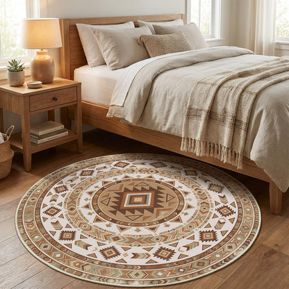 Doteon 3ft Southwestern Round Rug, Geometric Tribal Circle Carpet, Soft Faux Cashmere Non-Slip Rug for Bedroom and Entryway