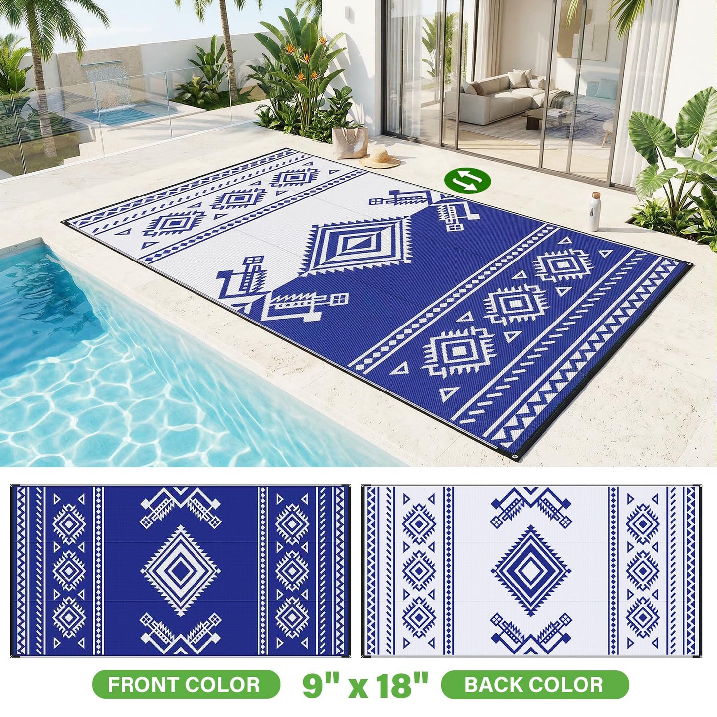 GOTGELIF 9x18 ft RV Camping Rug Waterproof, Large Reversible Bohemian Outdoor Plastic Straw Mat with Carry Bag, 4 Stakes & Seam, UV-Resistant Portable Carpet for Patio Pool Beach Deck (Blue & White)