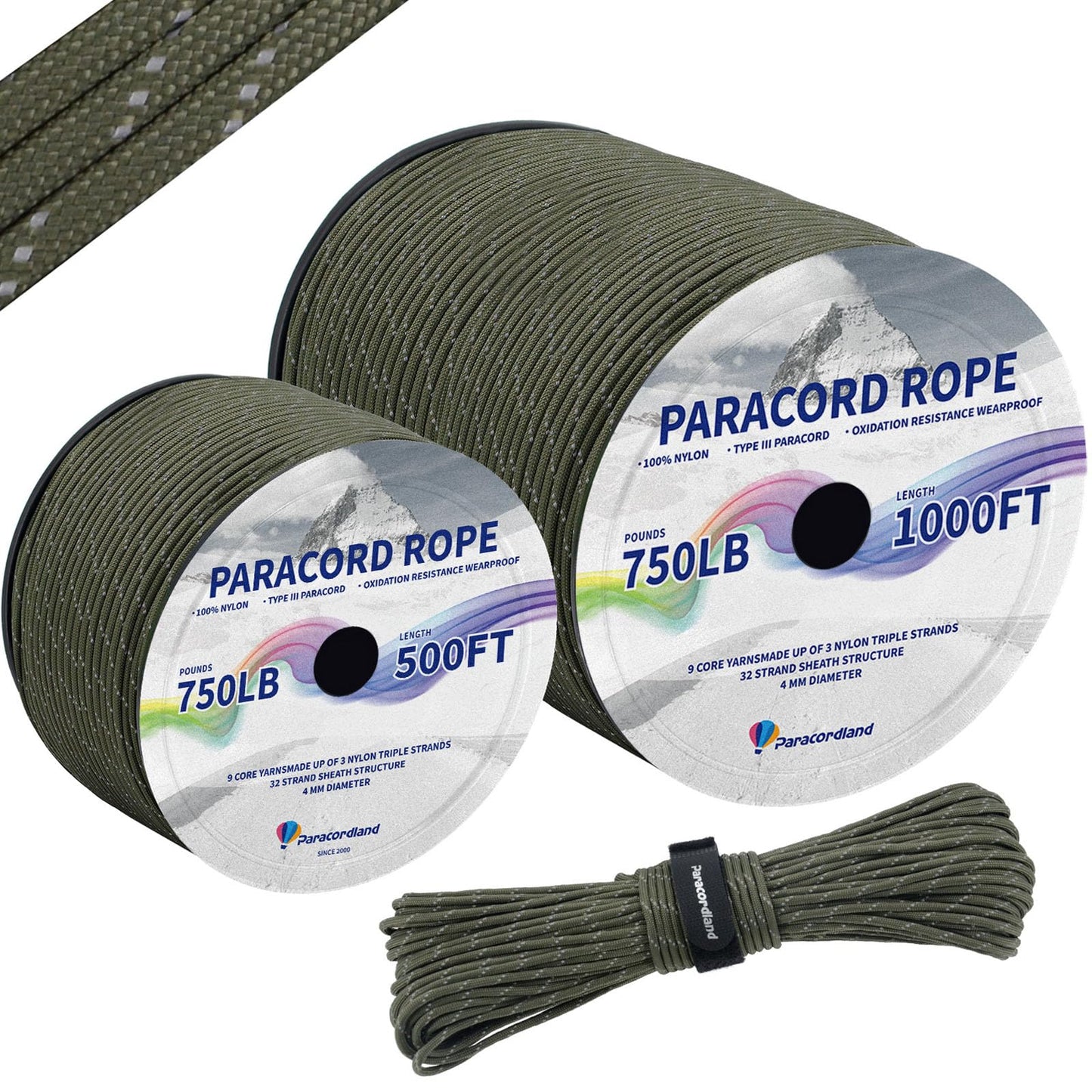 Paracordland-750LB Paracord Rope-100ft/500ft/1000ft- 9 Strand Parachute Spool Cord Heavy Duty String Ideal for Survival Gear Bracelet Camping Hikig Fishing-Black-500FT