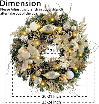 WANNA-CUL Pre-Lit 24 Inch Lighted Christmas Wreath for Front Door Champagne Gold Christmas Door Wreath Decor with Ball Ornaments, Poinsettia Flowers,Ribbon,Pine Cones,Battery Operated 30 LED Lights
