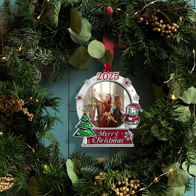 2025 Christmas Tree Ornaments Set 3 Pieces Picture Frame Ornament- Made of Zinc Alloy Glitter Powder Pendant 2.5 Inch Picture Frame for Pet and Baby Holiday Keepsake Gift(3 Pieces,2025)