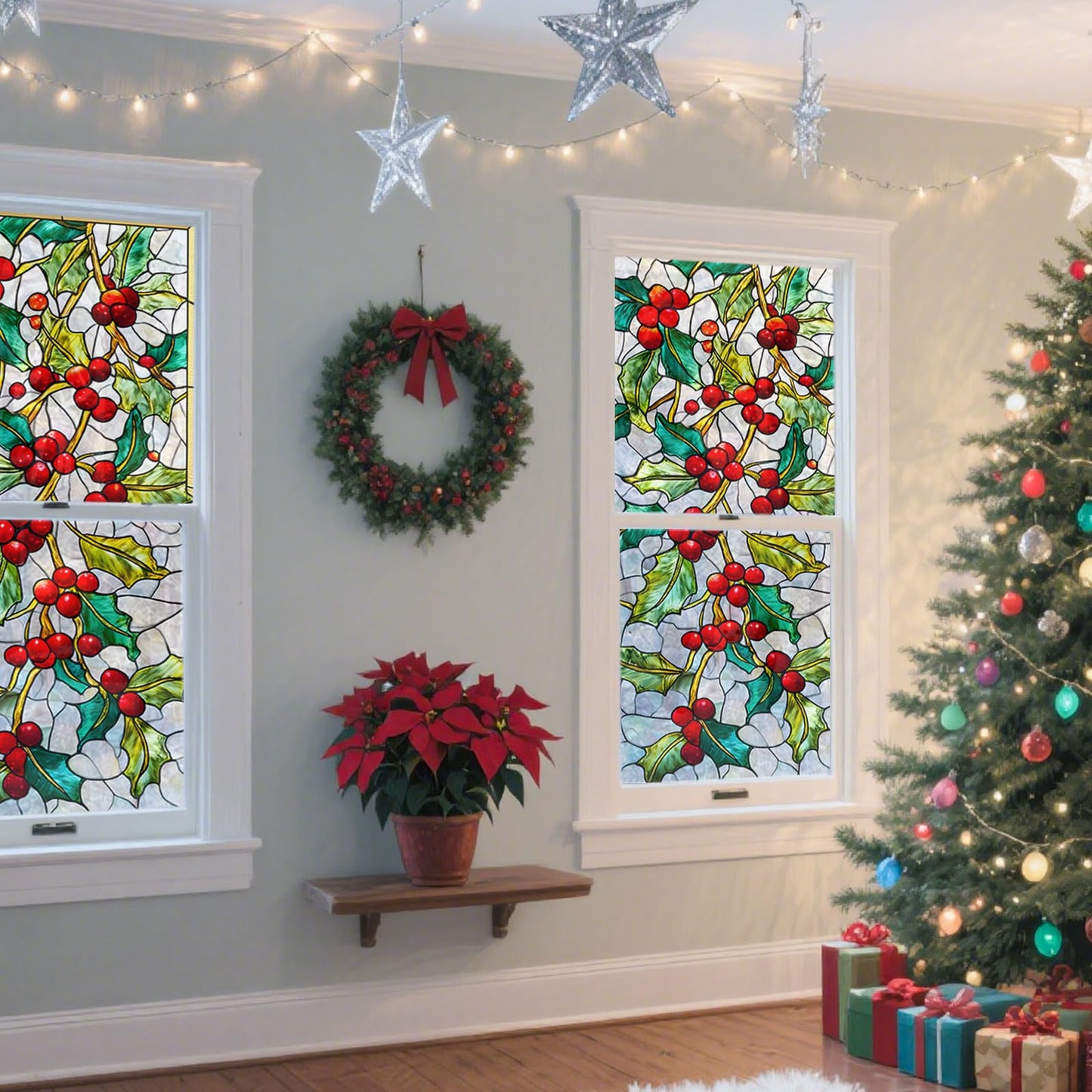 Nuxovilar Stained Glass Christmas Window Films, 17.5×39.7inch, Holiday Static Decorations for Seasonal Ambiance in Living Room, Office or Storefront - Red Mosaic Christmas Tree with Gold Star -Sparkle