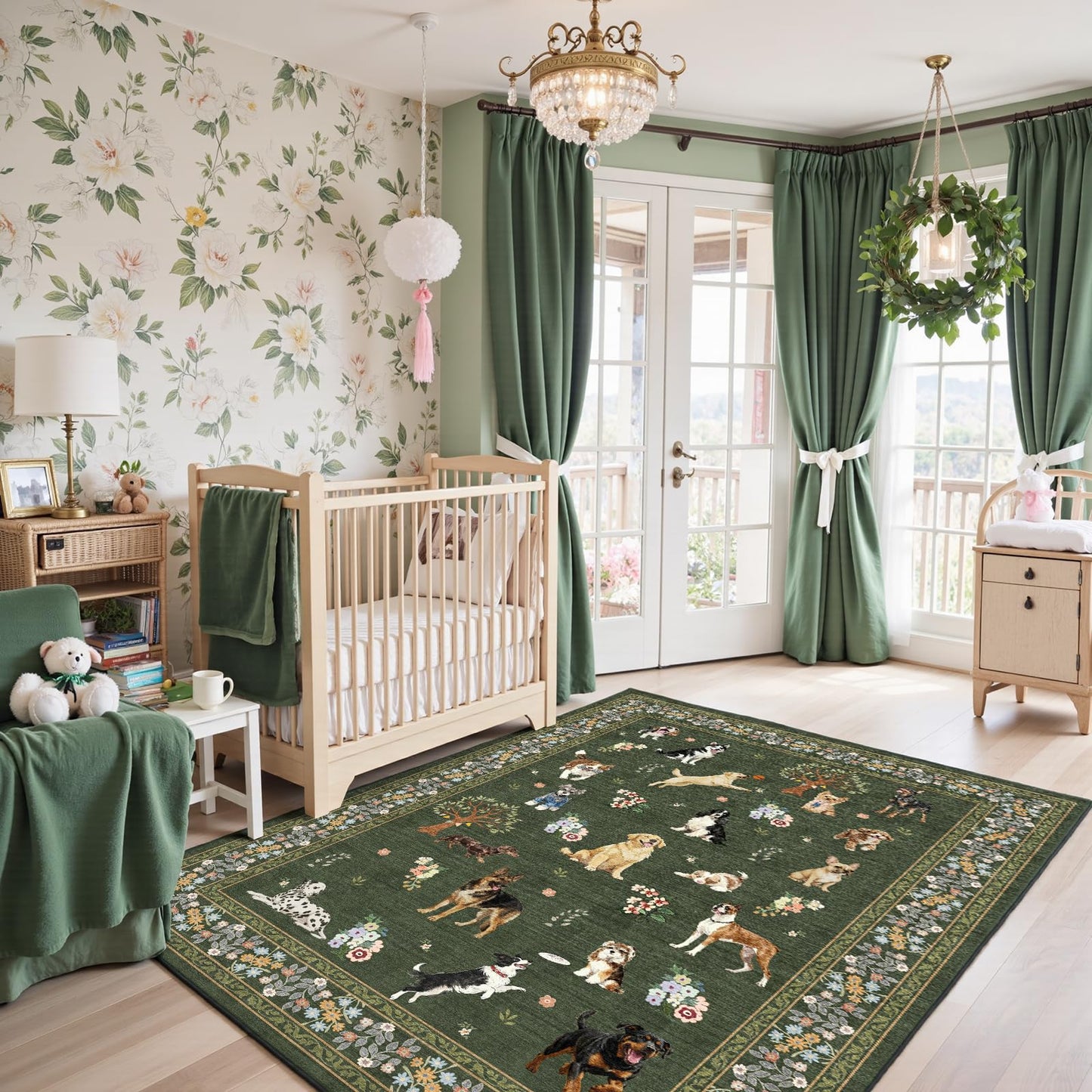 Floral Dog Machine Washable Rug Dark Green, 3x5 Rug Non Slip Soft Bedroom Rugs for Entryway Dorm, Ultra-Thin Rugs for Bedroom Stain Resistan(3 x 5, Dark Green)