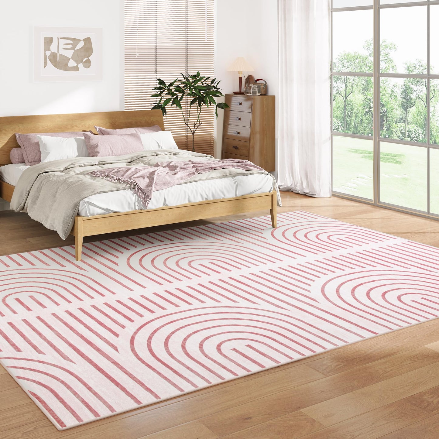 ARKIIKI Pink Washable Rug 5x7 for Bedroom, Soft Abstract Rainbow Carpet for Living Room, Modern Area Rugs, Non-Slip Stain Resistance Rug for Kid Nursery Playroom Home Office