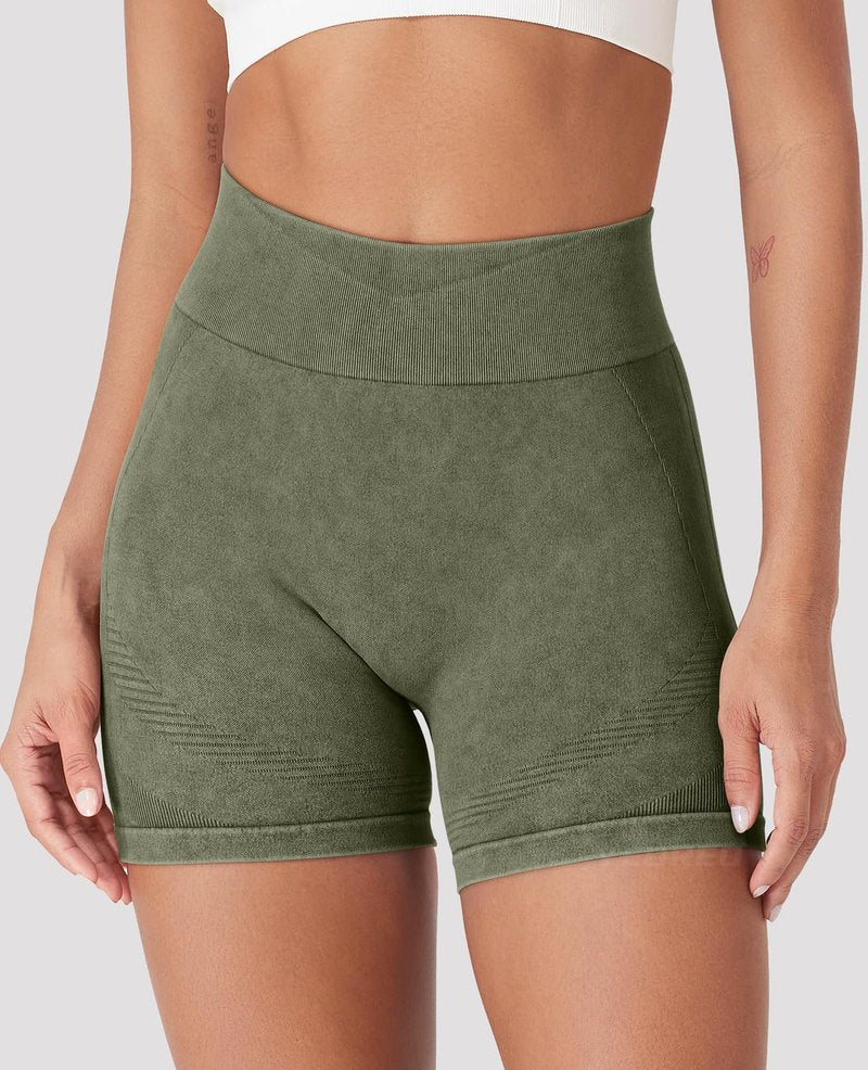 YEOREO Women Workout Biker Shorts Impact 4.5" Faux Denim No Front Seam Mid Waist Hidden Scrunch Lifting Yoga Gym Shorts Green S