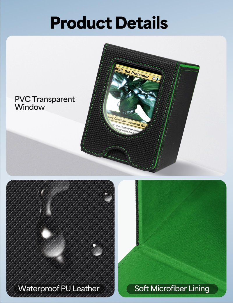 banloga Card Deck Box for MTG Commander, Card Case Holds 100+ Double-Sleeved Cards, Magic Card Box Fits for TCG/PTCG/CCG Card with 2 Dividers (Black&Green)
