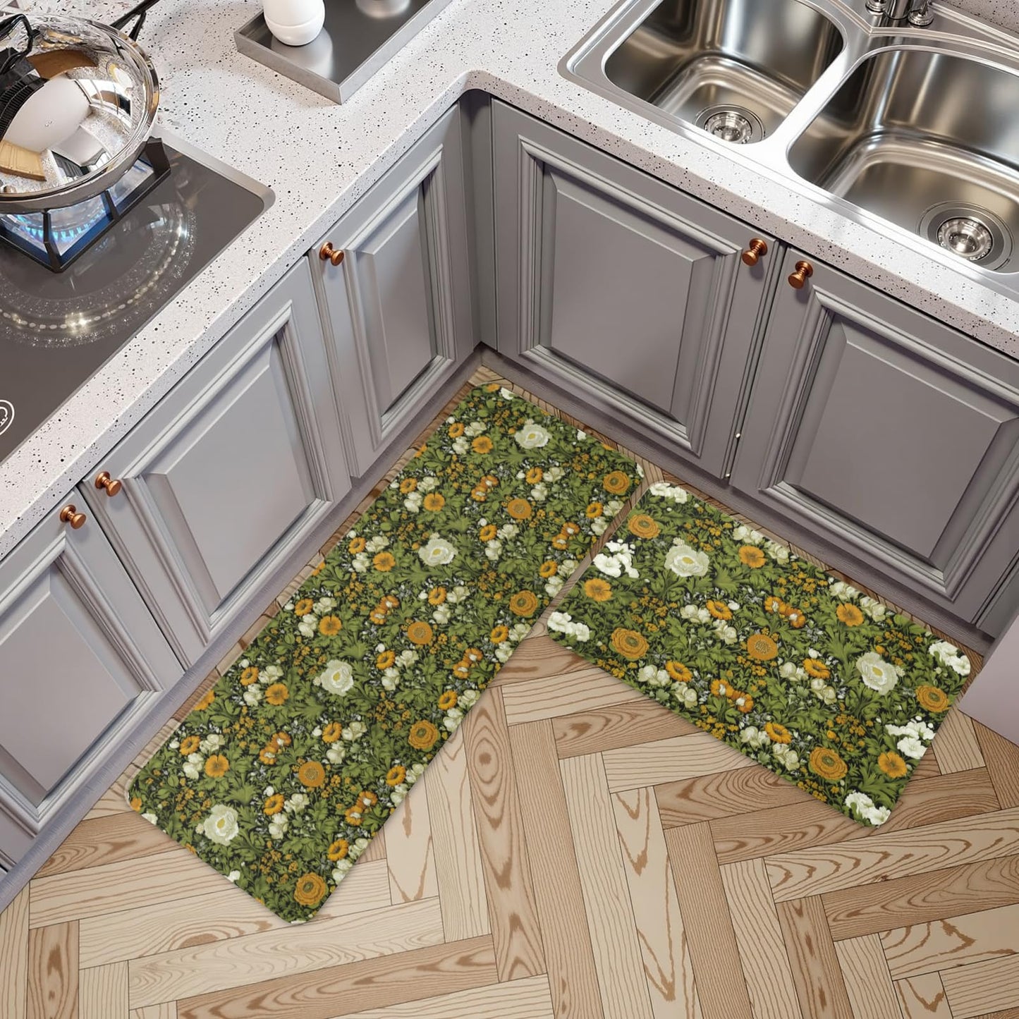 Wualmondor Dark Green Kitchen Rugs Set of 2 Floral Print Kitchen Mats 17"x47"+17"x30" Low Pile Washable Non Slip Rubber Backing Floor Mats for Sink Laundry Home