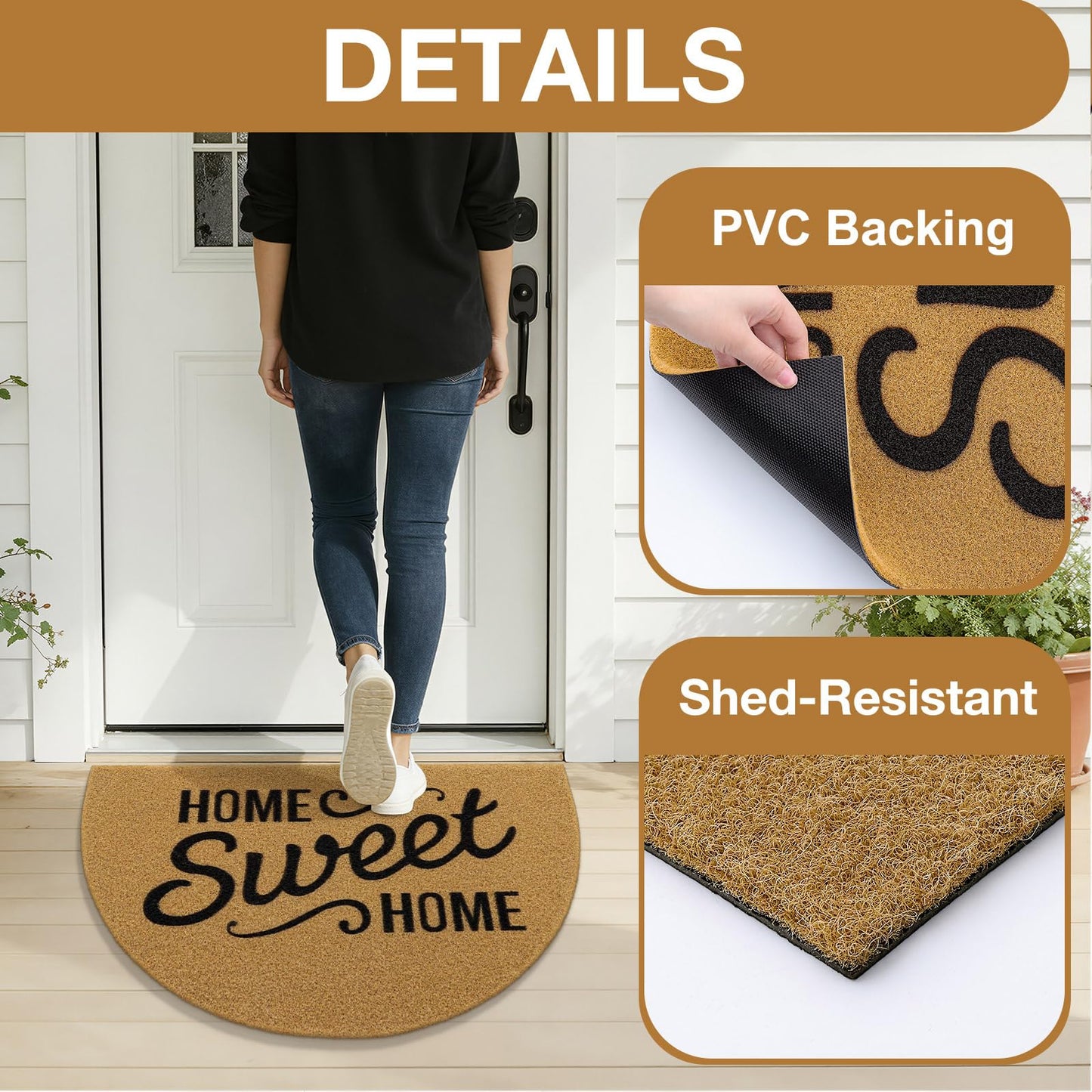 OLANLY Half Circle Front Door Mat, Low Profile Doormat, Stain and Fade Resistant, Easy to Clean, for Indoor and Outdoor Entrances, Patio Porch or Entryway, Brown (47x32 Inch, Home Sweet Home)
