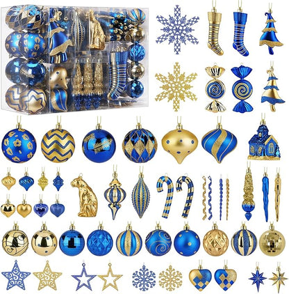 SHareconn 145pcs Christmas Balls Ornaments Set, Shatterproof Plastic Baubles Snowflakes, Stars and Tree Topper for Xmas Tree Holiday Wedding Party Decorations with Hanging Strings, Gold and Blue