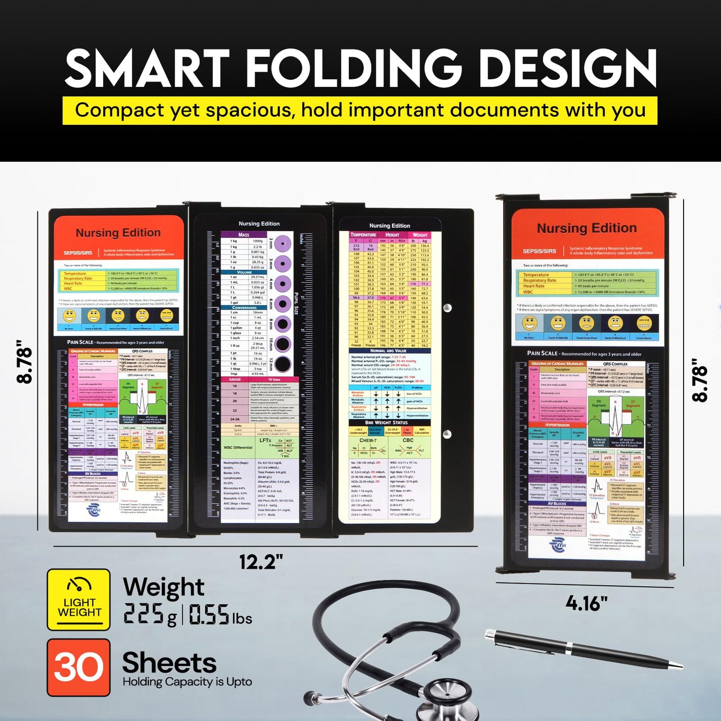Nursing Clipboard Foldable with Medical Edition Cheat Sheets, 3 Layers Aluminum Foldable Clipboard for Nursing, Notepad for Students, Nursing School Essentials (Black)