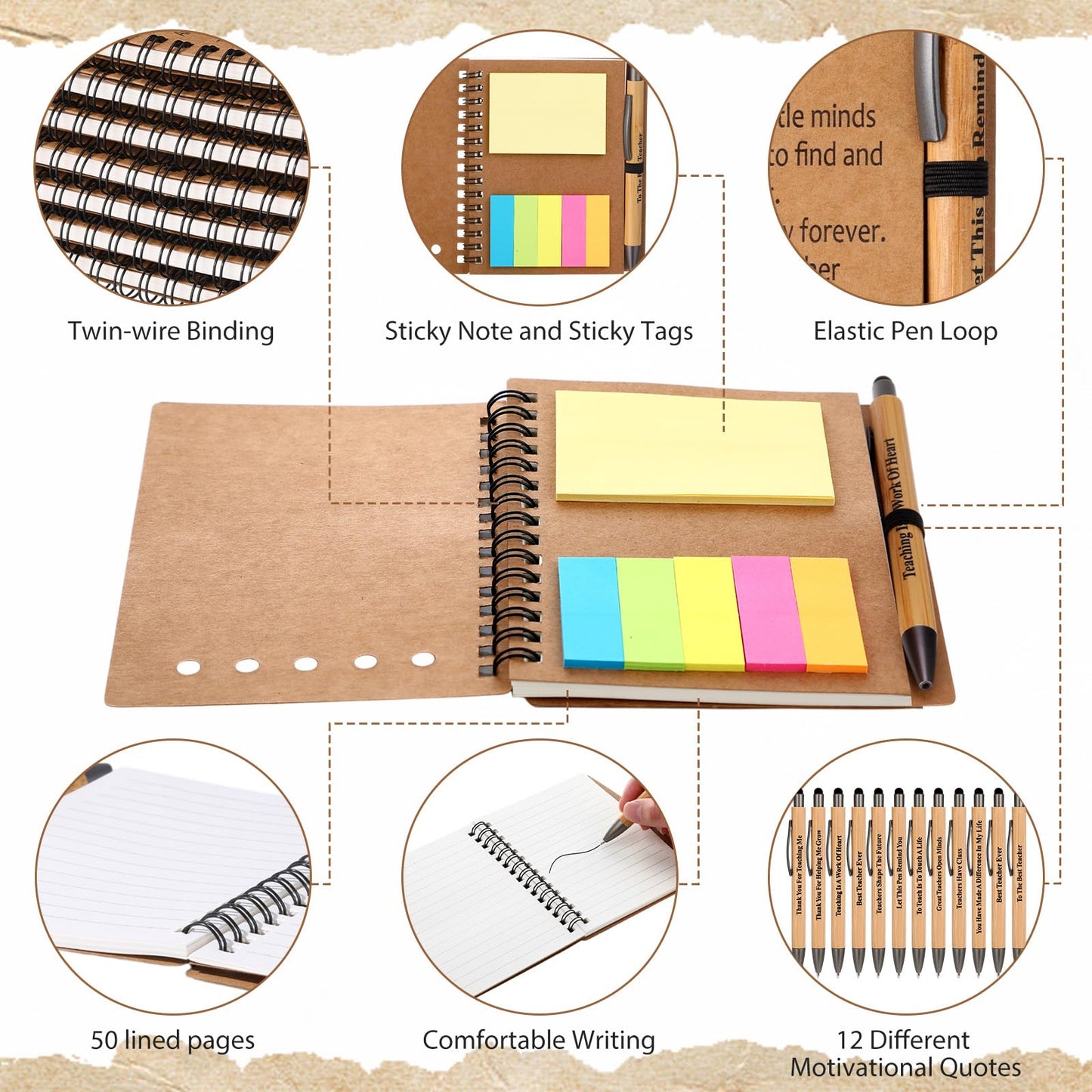 Resurhang 72 Pcs/36 Sets Teacher Appreciation Gifts Teacher Week Thank You Appreciation Gifts Notebook with Bamboo Ballpoint Pens, Thank You Notebook Bulk from Students Inspirational Journal