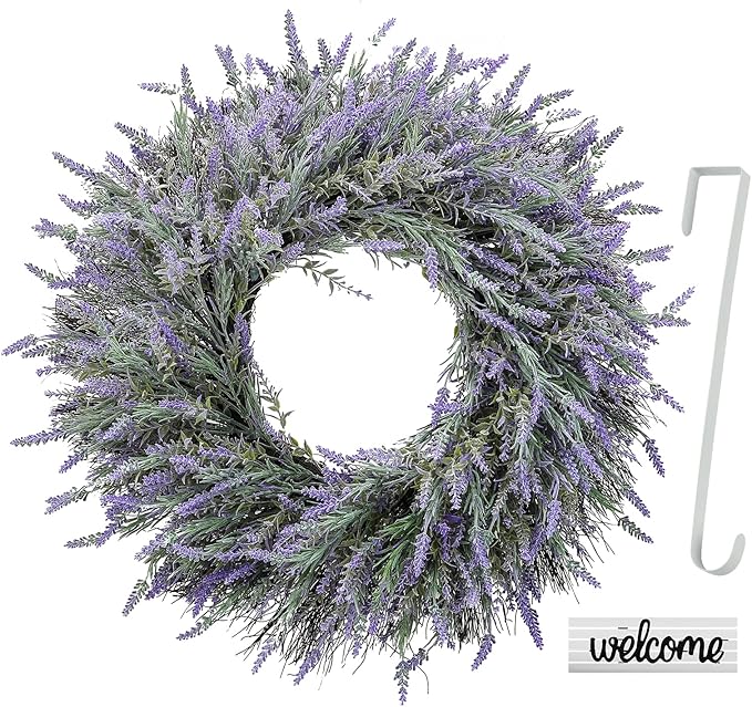 24" Wreath, Spring Wreaths, Artificial Lavender Wreath for Front Door, with Welcome Sign Wreath Hanger, for Spring, Summer, Autumn and Winter, Indoors,Outdoors, corridors, Offices. (Purple)