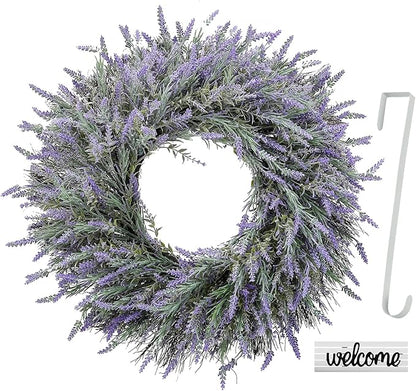 24" Wreath, Spring Wreaths, Artificial Lavender Wreath for Front Door, with Welcome Sign Wreath Hanger, for Spring, Summer, Autumn and Winter, Indoors,Outdoors, corridors, Offices. (Purple)