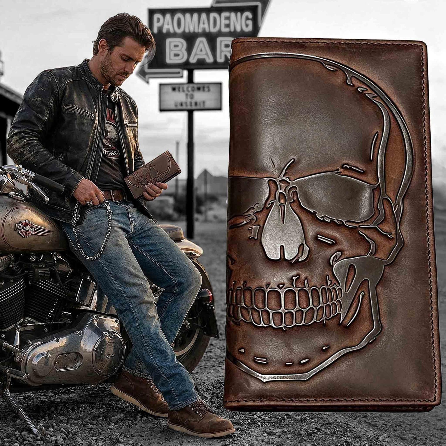 Paomadeng Skull Long Bifold Wallet for Men Full Grain Cowhide Genuine Leather Biker Wallet with Chain, RFID-Blocking, Brown