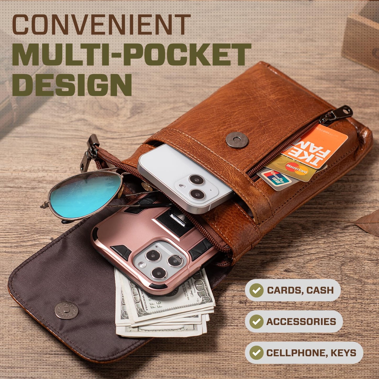 Hengwin Genuine Leather Small Crossbody Bag for Men Women, Cellphone Belt Pouch Bag, Travel Passport Wallet, Shoulder Holster