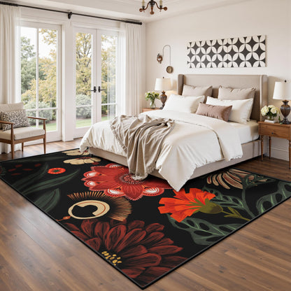 Tyrot Vintage Black Red Boho Floral Living Room Rug, 5x7 Rug Flat Woven Ultra-Thin Washable Botanical Area Rugs Non-Slip Low-Pile Carpet for Bedroom, Dining Room, Office, Kids Room